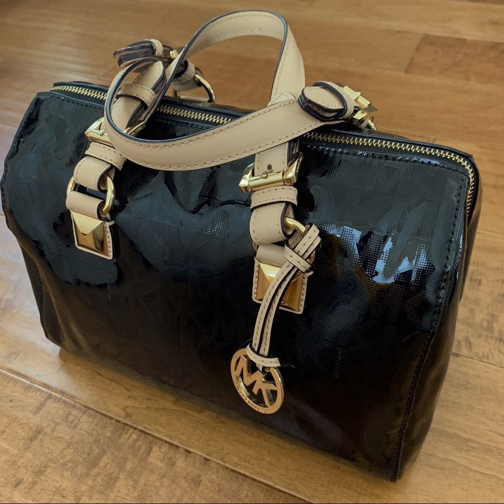 Michael Kors Black Monogramed Patent Leather Handbag (EUC)